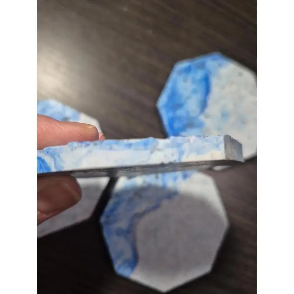 4 White/Blue/Gray Marbled Eco Resin Stone Look Hexagon Coasters 3 5/8” Handmade